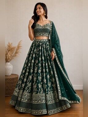 Dark Green Dola Silk Jacquard Lehenga Choli Set